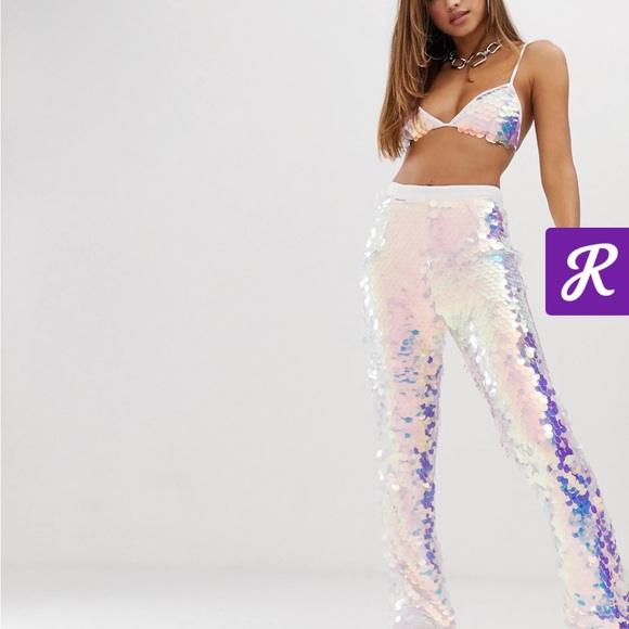 PrettyLittleThing white, iridescent sequin flare pants and bra top - Picture 3 of 12